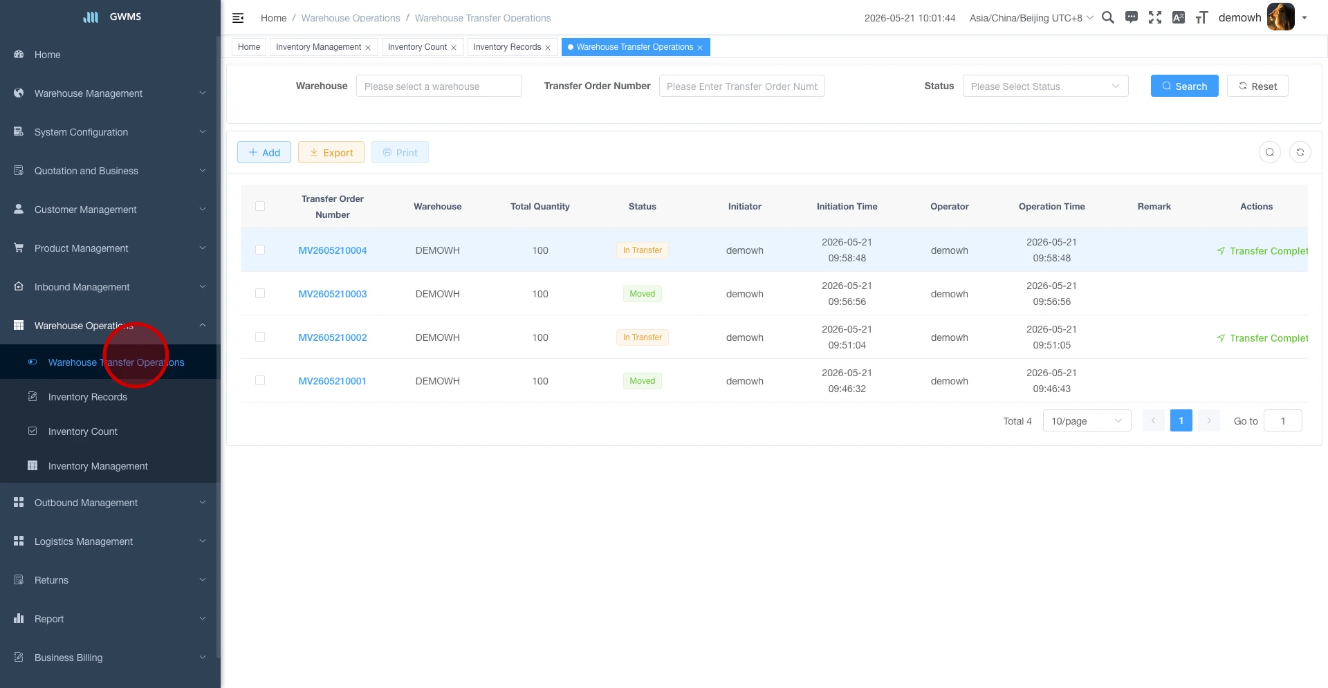 Open the Warehouse Transfer Operations page