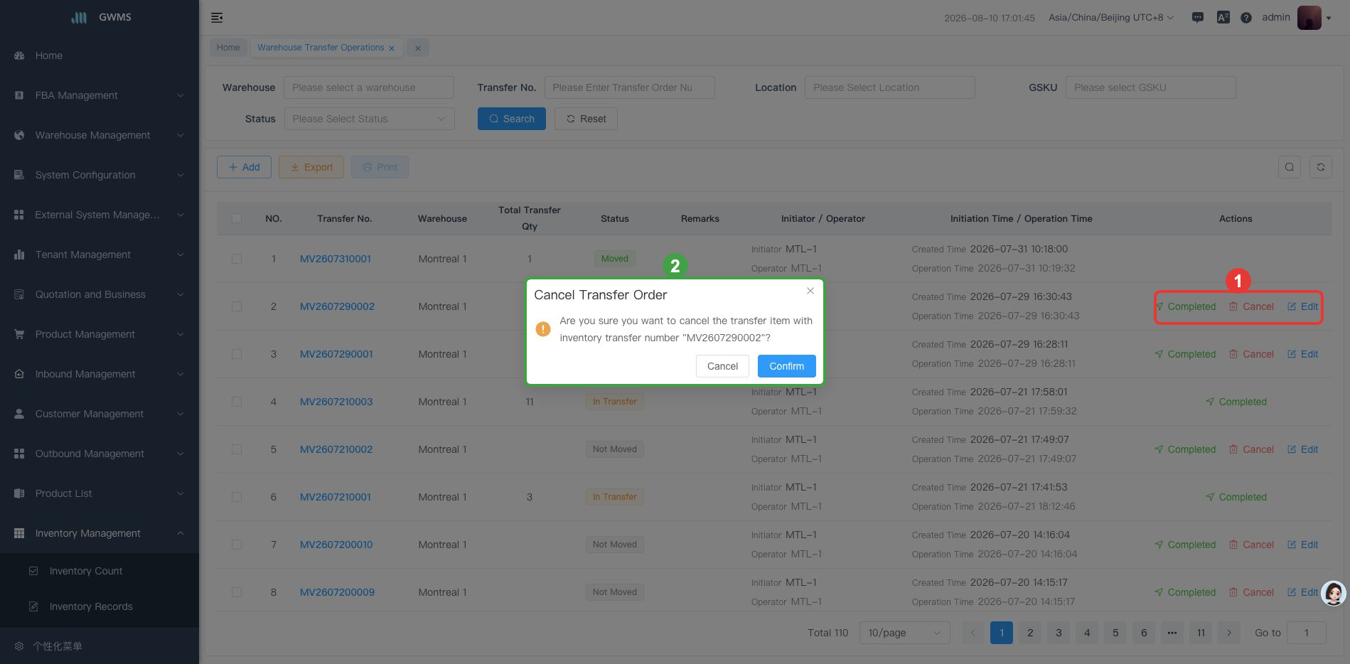 Cancel a transfer order