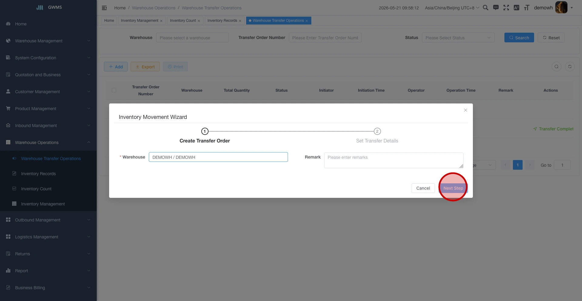 Create the transfer order header in step 1