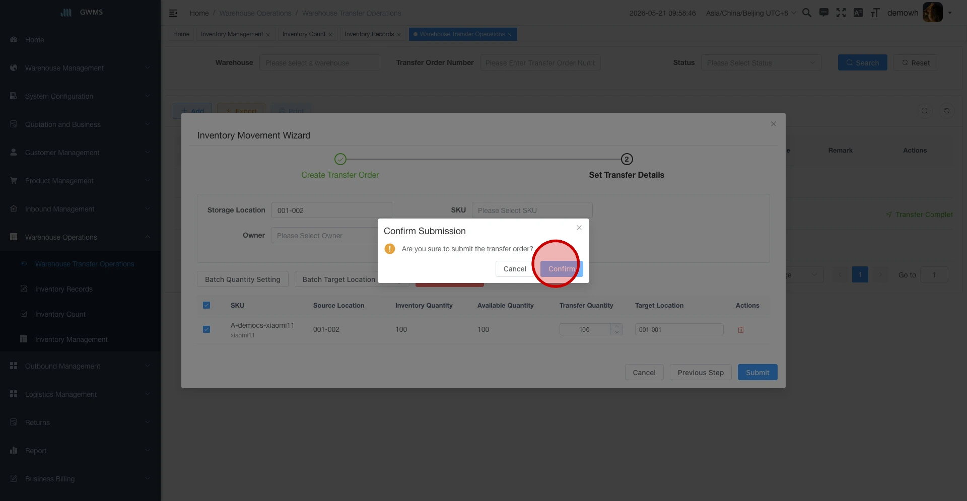 Select the inventory lines that should be transferred