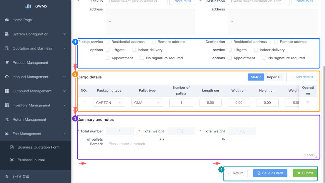 Enter cargo details and submit