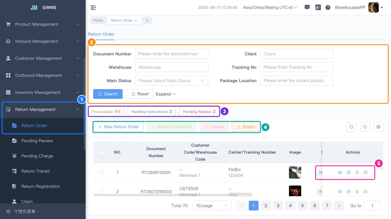 Search and register Return Orders
